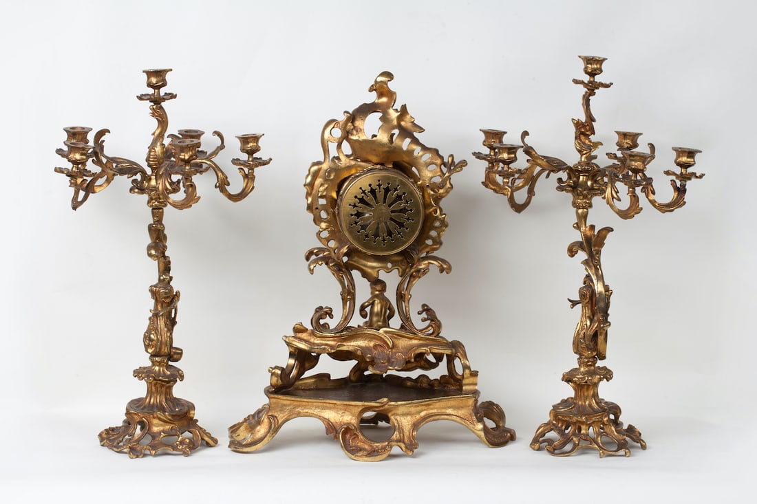 Clock with a Pair of Candelabra, Bronze, Rococo