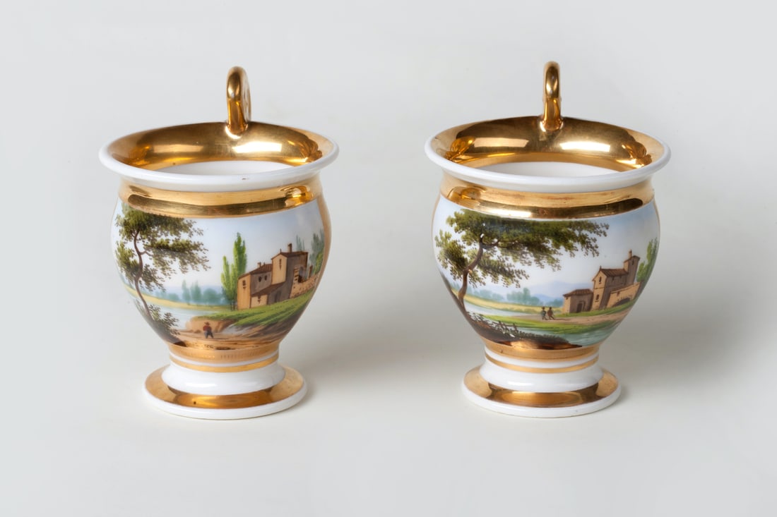 A Pair of Cups with Saucers, Polychrome Painting.