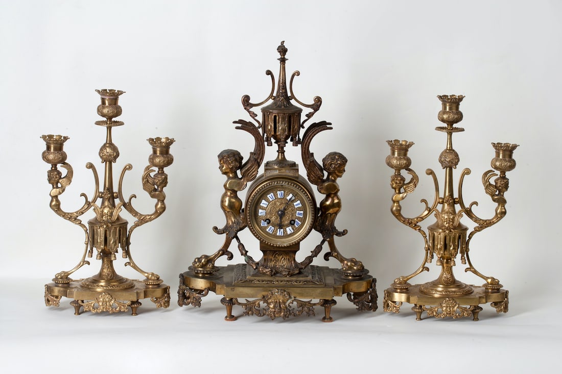 Gothic Clock with a Pair of Candelabra, 19th century (1 of 4)