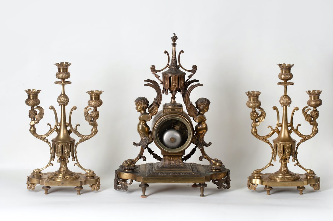 Gothic Clock with a Pair of Candelabra, 19th century