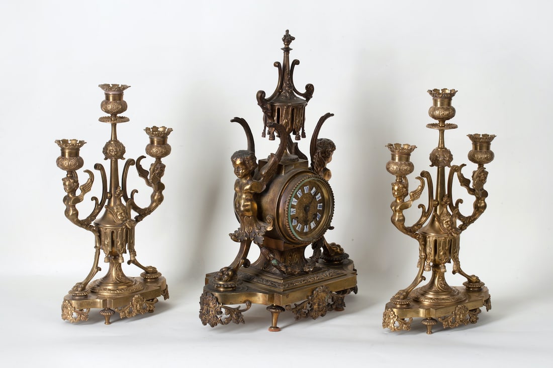 Gothic Clock with a Pair of Candelabra, 19th century