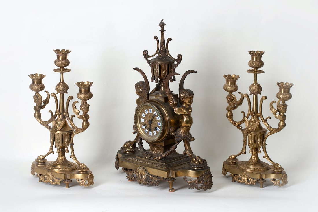 Gothic Clock with a Pair of Candelabra, 19th century