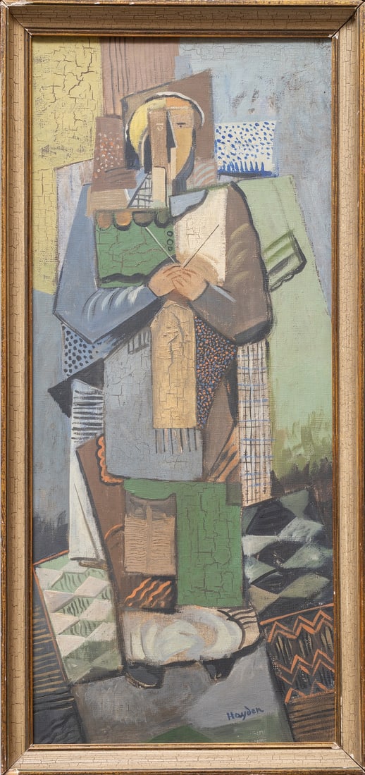 Henri Hayden, 1883-1970 (Poland/France): Henri Hayden (1883-1970) Figure with knitting needles, 1921 Oil on canvas, size 56 x 24 cm (22 x 9 1/2 inches) Frame dimensions 60 x 28 cm (23 2/3 x 11 inches) Signed lower right and on verso