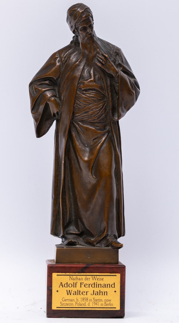Adolph Ferdinand Walter Jahn, 1858-1941: Adolph Ferdinand Walter Jahn (1858-1941) Nathan der Weise Bronze, patina, marble Dimensions 24 x 6 x 6.5 cm (9 1/2 x 2 1/3 x 2 1/2 inches)