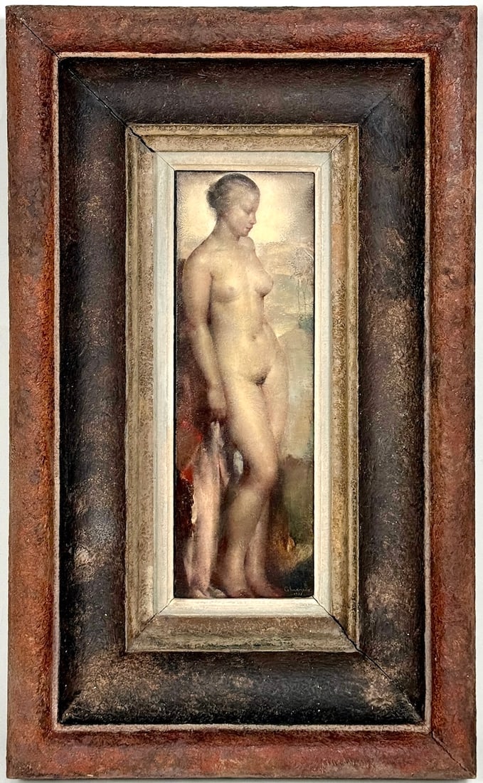 Grigory GLUCKMANN, 1898-1973 (Russia/USA): Grigory GLUCKMANN (1898-1973) Young naked woman in a landscape, 1936 Oil on wood, size 33 x 12 cm (13 x 4 3/4 inches) Frame dimensions 53 x 32.5 x 8 cm (21 x 12 7/8 x 3 1/8 inches) Signed lower right 