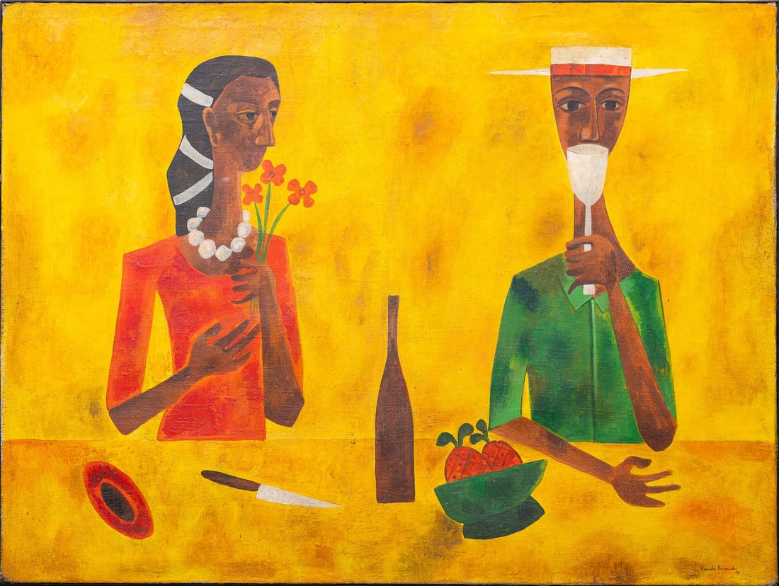 Cundo BERMUDEZ, 1914-2008 (Cuba/USA): Cundo BERMUDEZ (1914-2008) Latin America Pareja en la mesa, 1959 Oil on burlap, size 97 x 130 cm (38 x 51 inches) Signed and dated lower right Cundo Bermúdez (full name: Secundino Bermúdez y Delgado