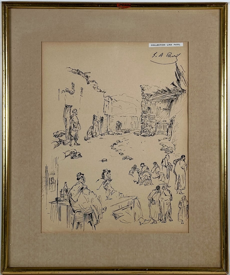 Elie Anatole PAVIL, 1873-1948 (Ukriane/France): Elie Anatole PAVIL (1873-1948) In the alley Ink on paper, size 28 x 22 cm (11 x 8 2/3 inches) Frame dimensions 40 x 33.5 cm (15 3/4 x 13 1/8 inches) Signed upper right