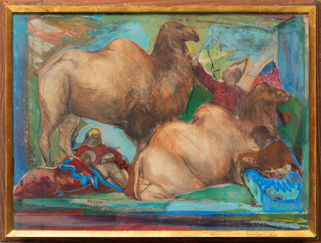 Josef PRESSER, 1907-1967 (Poland/USA/France): Josef PRESSER (1907-1967) Behind the scenes of the circus. Camels. Mid 20th century Mixed media (gouache, pastel, watercolor) on cardboard Size 43 x 58 cm (17 x 22 7/8 inches) Frame dimensions 47 x 62