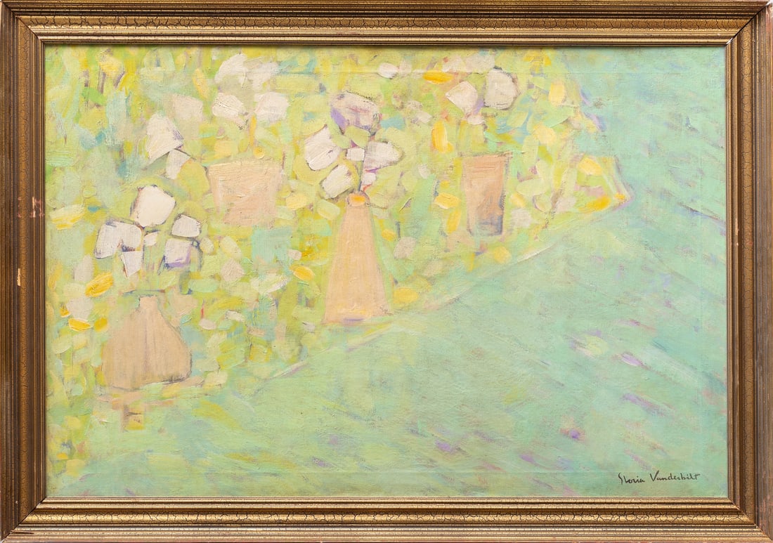 Gloria VANDERBILT, 1924-2019 (USA/France): Gloria VANDERBILT (1924-2019) Bouquets, 1953 Oil on canvas, size 61 x 91.5 cm (24 x 36 inches) Frame dimensions 71 x 101 cm (28 x 39 3/4 inches) Signed lower right. Named and dated on verso Gloria Van