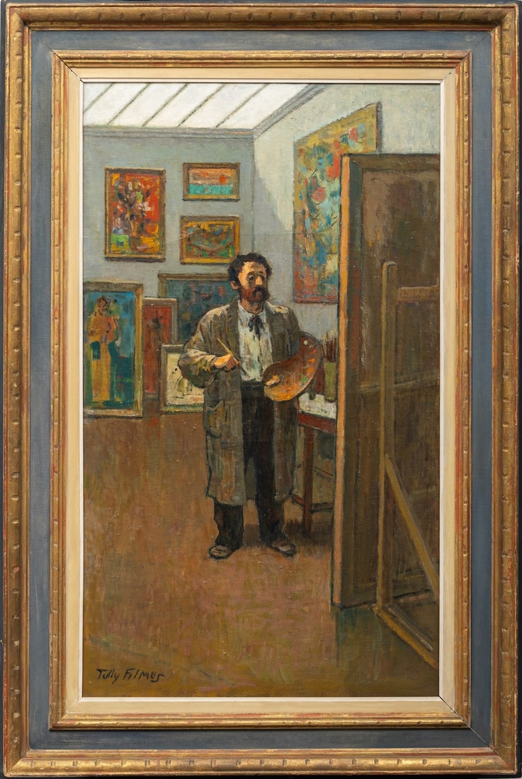 Tully Filmus, 1903-1998 (Moldova/Russia/USA): Tully Filmus (1903-1998) Self portrait in a studio, mid 20th century Oil on canvas, size 86.5 x 51 cm (34 x 20 inches) Frame dimensions 108 x 73 cm (42 1/2 x 28 3/4 inches) Signed lower left
