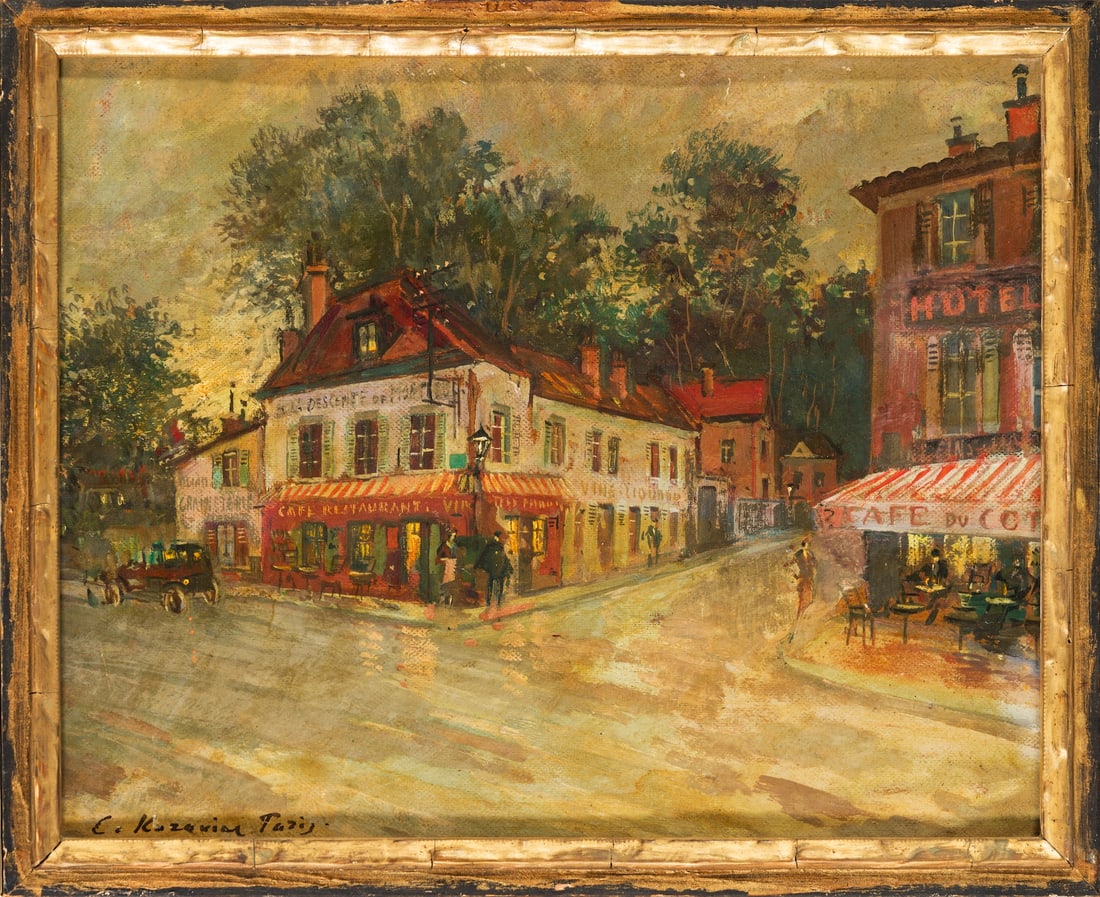Konstantin A. KOROVIN, 1861-1939 (Russia/France): Konstantin A. KOROVIN (1861-1939) Paris, Street Corner Oil on panel, size 31 x 40 cm (12 1/4 x 15 3/4 inches) Frame dimensions 35 x 43 cm (13 3/4 x 17 inches) Signed lower left