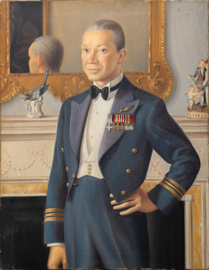 B. H. Kennett, 1914-c.1964 (Great Britain): B. H. Kennett (1914-c.1964) PORTRAIT OF SQUADRON LEADER VICTOR HOGAN, 1955 Oil on canvas, size 91.5 x 71.5 cm (36 x 28 inches) Signed and dated lower left. Inscription on verso: painted in the war by 