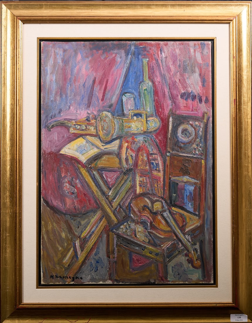 Pinchus Kremegne, 1890-1981 (Lithuania/Belarus/France): Pinchus Kremegne (1890-1981) Still life with a violin and a trumpet Oil on canvas, size 65 x 46 cm (25 1/2 x 18 inches) Frame dimensions 87 x 68 cm (34 1/4 x 26 3/4 inches) Signed lower left Provenanc