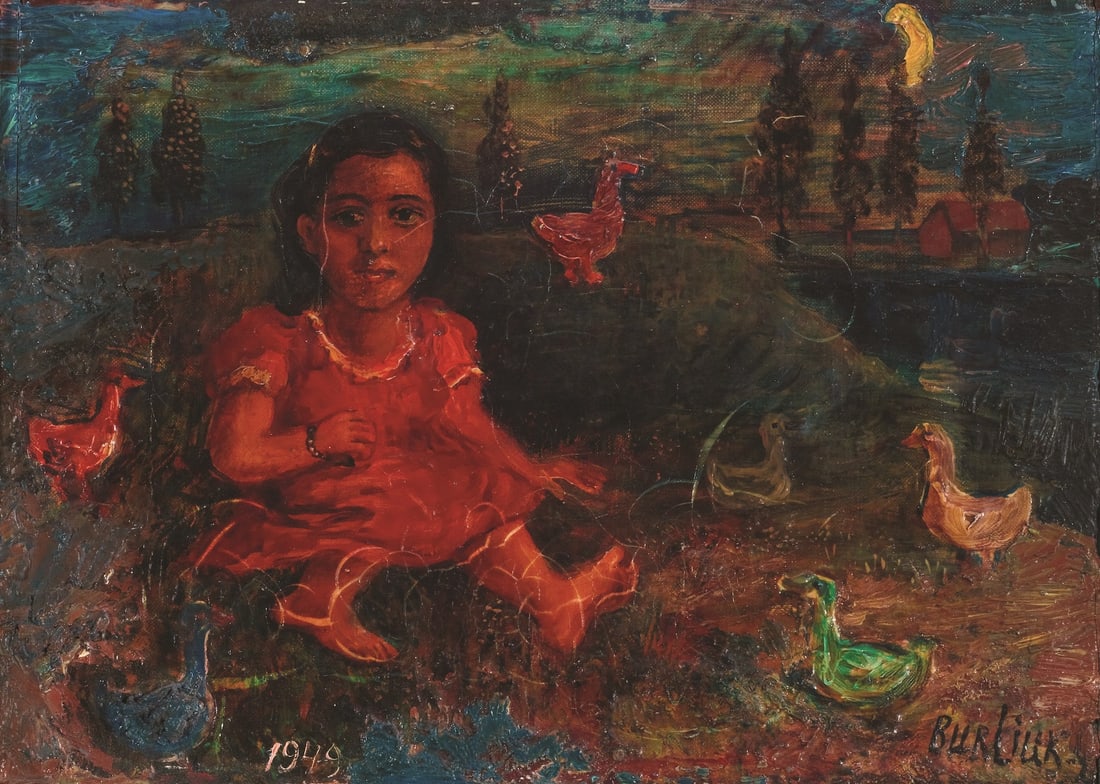David BURLIUK, 1882-1967 (Russia/USA): David BURLIUK (1882-1967) The Girl and the Ducks, 1949 Oil on canvas, size 25 x 34 cm (9 7/8 x 13 1/3 inches) Signed and dated bottom