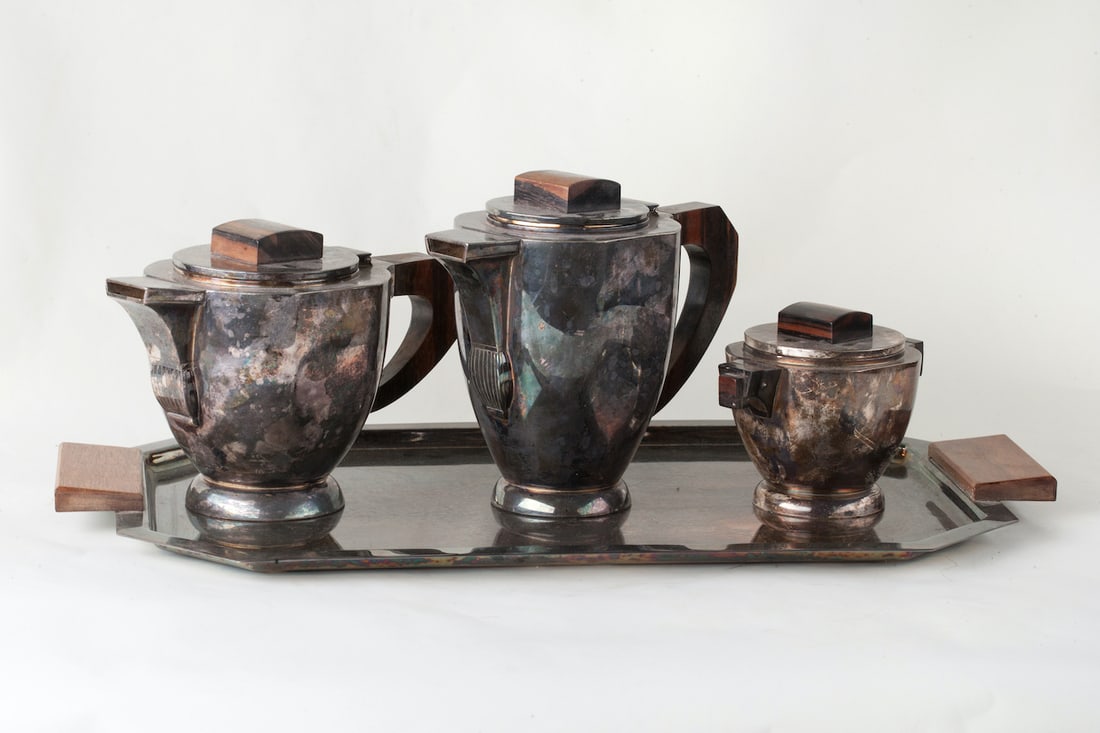 Art Deco Tea Service, early 20th century: Art Deco four-piece tea service, early 20th century, Europe. Brass and wood, silver-plating. Tray dimensions 55 x 32 cm (21 2/3 x 12 2/3 inches), teapot height 19 cm (7 1/2 inches).
