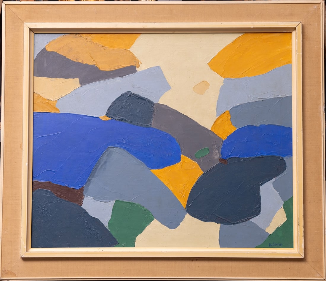 Etel ADNAN, 1925-2021 ( Lebanon/France ): Etel ADNAN (1925-2021), Lebanon/France. 1980s. Oil on canvas, size 51 x 61 cm (20 x 24 inches). Frame dimensions 63 x 73 ?m (24 3/4 x 28 3/4 inches). Signed lower right.