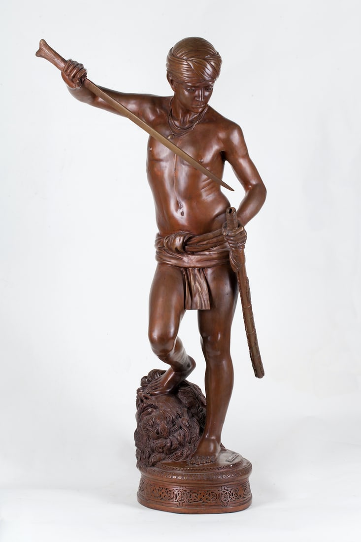 Antonin Mercie, 1845 - 1916 (France): Modeled after Antonin Mercie (1845 - 1916). David Winner of Goliath, 20th century. Bronze and brown patina, height 108 cm (42 1/2 inches), diameter of the base 28 cm (11 inches). Foundry stamp on the 