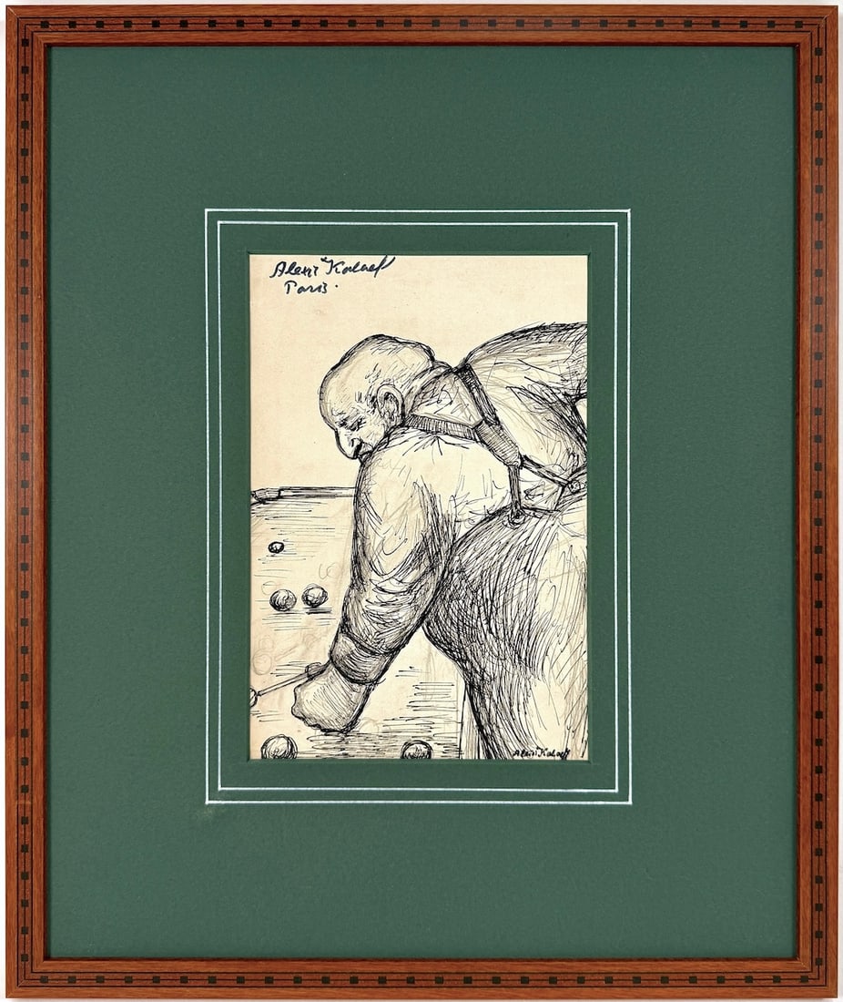 Alexis KALAEFF, 1902-1978 (Ukraine/France): Alexis KALAEFF (1902 Odessa - 1978 Paris) Billiard player Ink on paper, size 20 x 13.5 cm (8 x 5 1/3 inches) Frame dimensions 38 x 31 cm (15 x 12 1/4 inches) Signed upper left, lower right, and on ver