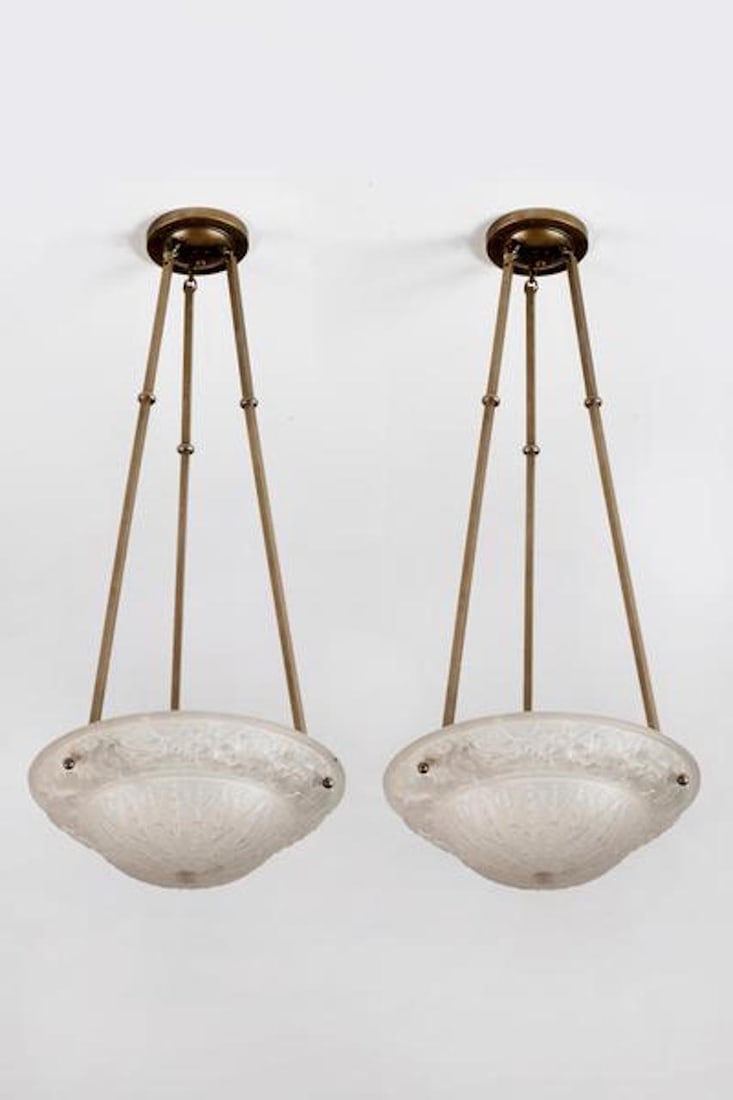 Pair of Ceiling Lamps, Glass, 20th century: Lot of two ceiling lamps, the 1st half of the 20th century. Glass and brass. Height 80 cm (31 1/2 inches), diameter 40 cm (15 3/4 inches).