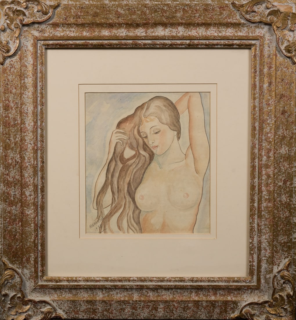 Marie Vorobieva Marevna, 1892-1984 (Russia/France): Maria MAREWNA-WOROBIEW, Marevna VOROBEV-STEBELSKA, Marie MAREVNA (1892-1984) Standing Nude, 1937 Watercolor and pencil on paper, size 28,5 x 25 cm (11 1/4 x 9 7/8 inches) Frame dimensions 66 x 61 cm (