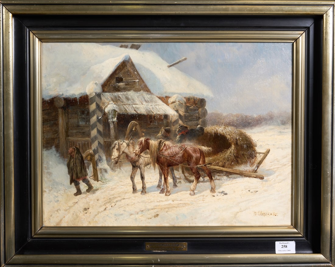 Nikolai Egorovich Sverchkov, 1817-1898 (Russia/Germany): Nikolai Egorovich Sverchkov (1817-1898) Cold Day in the Village Oil on canvas, size 46.5 x 62.5 cm (18 1/3 x 24 2/3 inches) Frame dimensions 64 x 80 cm (25 1/4 x 31 1/2 inches) Signed lower right. Pro
