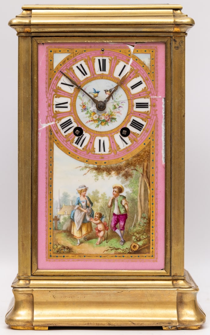 BRONZE ORMOLU AND PORCELAIN MANTLE CLOCK, 19TH CENTURY: Classicism style Clock, France XIX Bronze, hand painted porcelain Size 16 x 36 x 22 cm (6 1/3 x 14 1/8 x 8 2/3 inches)