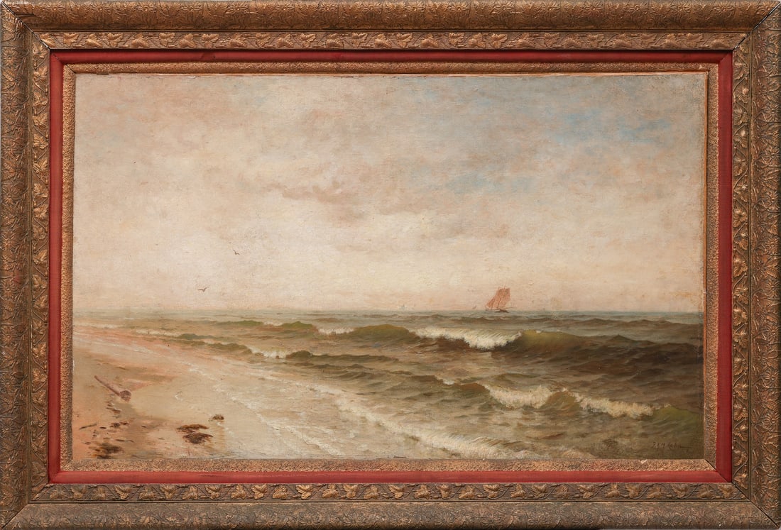 Frank Knox Morton Rehn, 1848-1914 (USA): Frank Knox Morton Rehn (1848-1914) Sea coast with a sailboat, late XIX century Oil on canvas, size 58 x 91.5 cm (23 x 36 inches) Frame dimensions 74 x 110.5 cm (41 x 43 1/2 inches) Signed lower right 