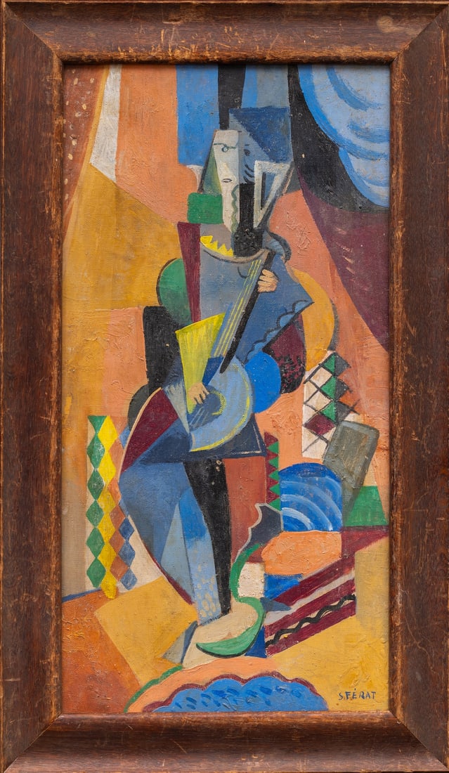 Serge FERAT, 1881-1958 (Russia/France): Serguei Nikolaïevitch JASTREBZOFF, Serzh FERA (1881-1958) Cubistic figure, c.1920’s Oil on canvas, size 50 x 26 cm (19 2/3 x 10 1/4 inches) Frame dimensions 58 x 33 cm (22 7/8 x 13 inches) Signed l