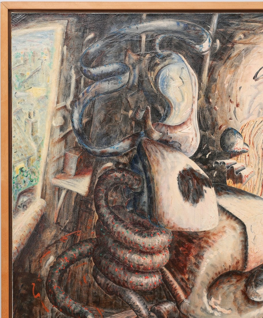 Graham Neil Crowley, b.1950 (Britain): Graham Neil Crowley (b.1950) The Clampdown, 1983 Oil on canvas, size 152.4 x 121.9 cm (60 x 48 inches) Frame dimensions 157 x 127 cm (62 x 50 inches) Signed and dated lower right The lot comes with a 