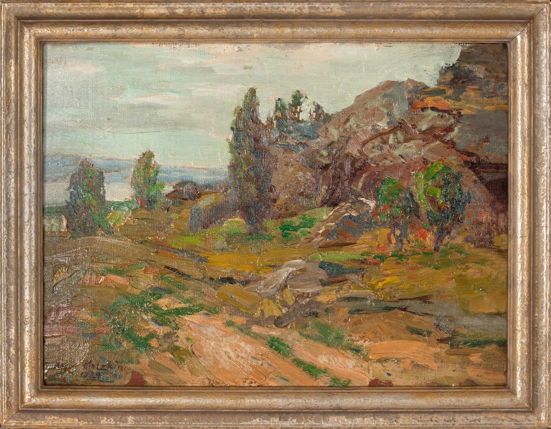 Meyer Matzkin, 1880-1976 (Lithuania/USA): Meyer Matzkin (1880-1976) Summer landscape Oil on canvas attached to cardboard, size 31 x 41 cm (12 x 16 inches) Frame dimensions 37 x 47 cm (14 1/2 x 18 1/2 inches) Signed and dated lower left Meyer 