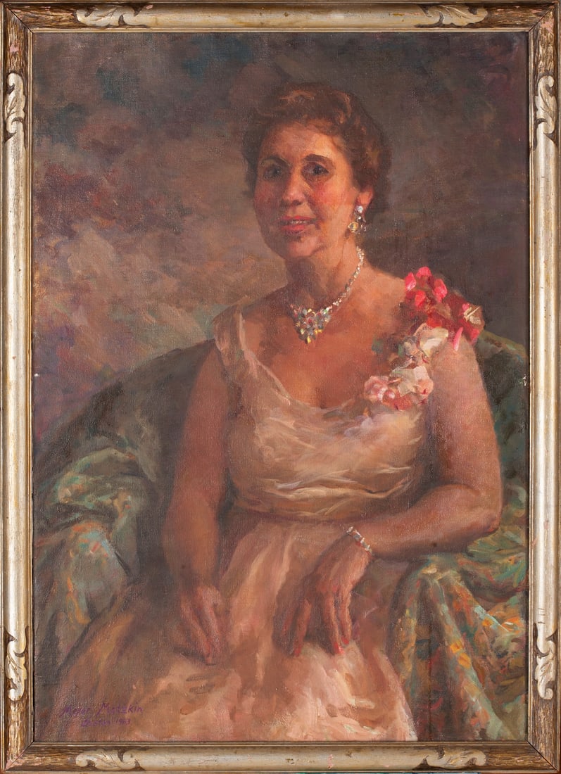 Meyer Matzkin, 1880-1976 (Lithuania/USA): Meyer Matzkin (1880-1976) Woman in a chair Oil on canvas, size 95 x 65 cm (37 1/2 x 25 1/2 inches) Frame dimensions 103 x 73 cm (40 1/2 x 28 3/4 inches) Signed lower left Meyer Matzkin (portrait, stil
