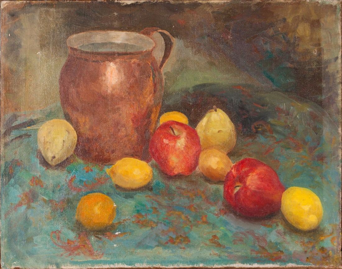 Meyer Matzkin, 1880-1976 (Lithuania/USA): Meyer Matzkin (1880-1976) Still life with fruits and a jug Oil on canvas, size 48 x 51 cm (19 x 20 inches) Meyer Matzkin (portrait, still life, landscape, seashore, and floral easel painting, mural, a