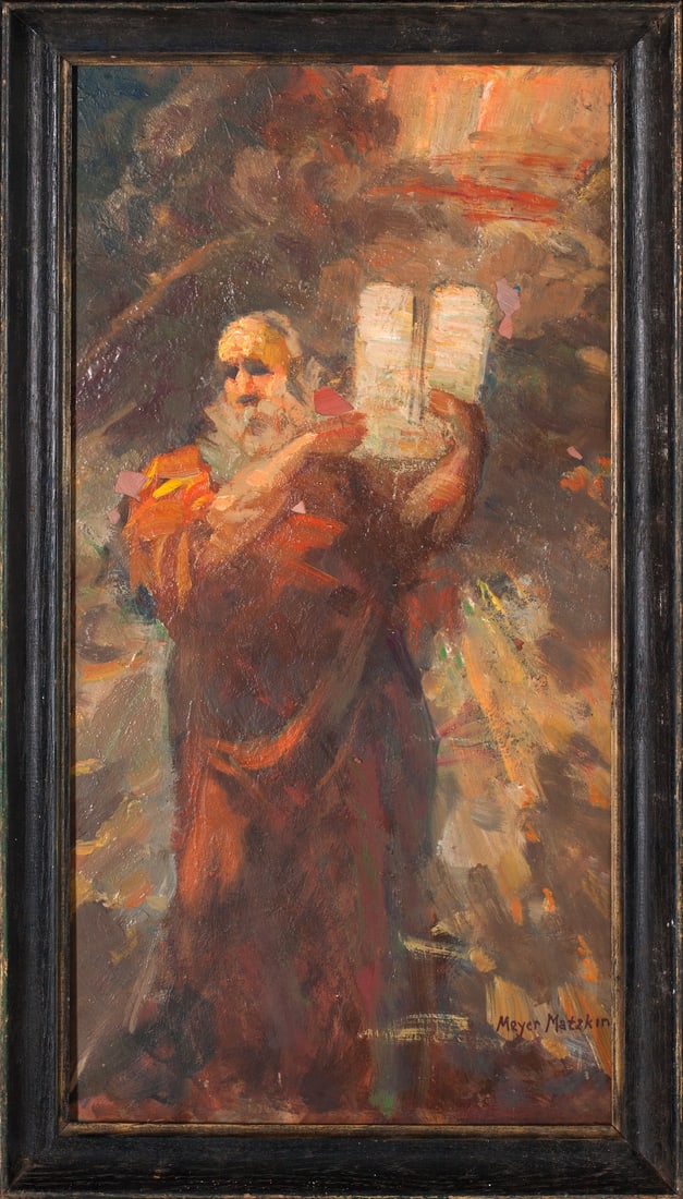 Meyer Matzkin, 1880-1976 (Lithuania/USA): Meyer Matzkin (1880-1976) Moses Oil on cardboard, size 61 x 30 cm (24 x 12 inches) Frame dimensions 68 x 37 cm (26 3/4 x 14 1/2 inches) Signed lower right Meyer Matzkin (portrait, still life, landscap