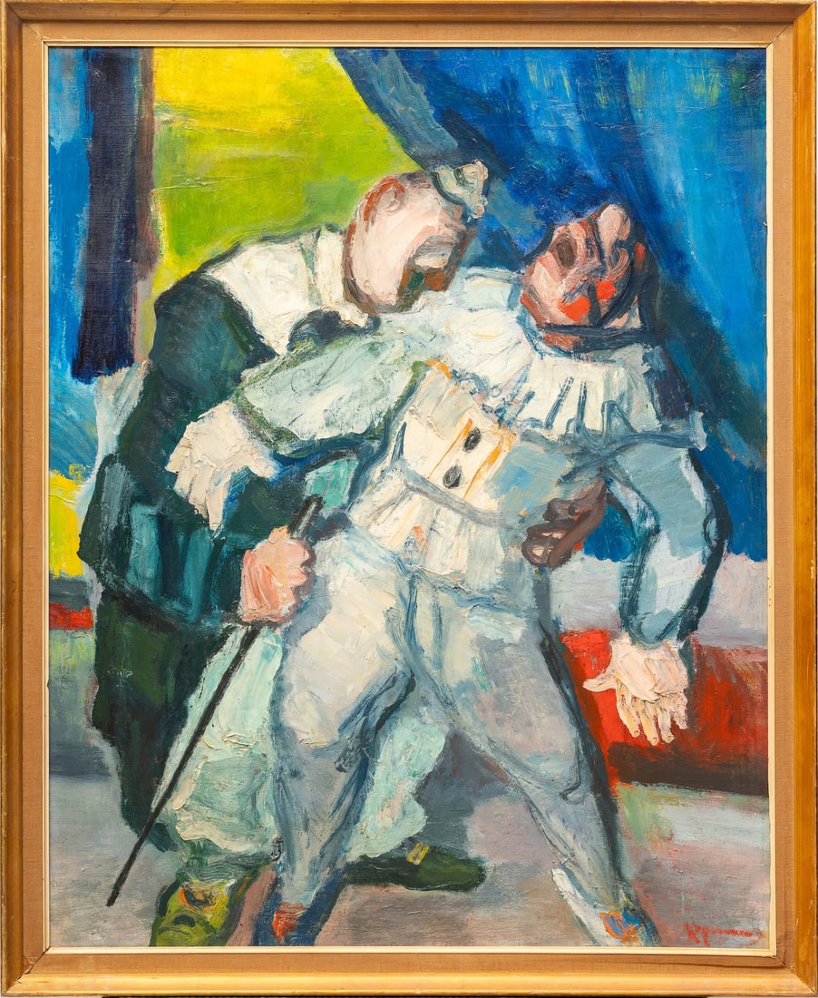 Benjamin Kopman, 1887-1965 (Belarus/USA): Benjamin Kopman (1887-1965) Wounded Clown, 1945 Oil on canvas, size 85.2 x 68.6 cm (33 1/2 x 27 inches) Frame dimensions 92 x 75 cm (36 1/4 x 29 1/2 inches) Signed lower right, named and dated on vers