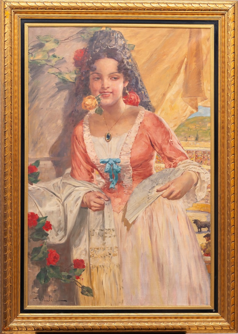 Karl Witholm, XIX-XX (Austria): Karl Witholm (XIX-XX) A girl with flowers, the 1st half of the XX century Oil on canvas, size 104 x 69 cm (41 x 27 1/8 inches) Frame dimensions 123 x 88 cm (48 1/2 x 34 2/3 inches) Signed lower left K