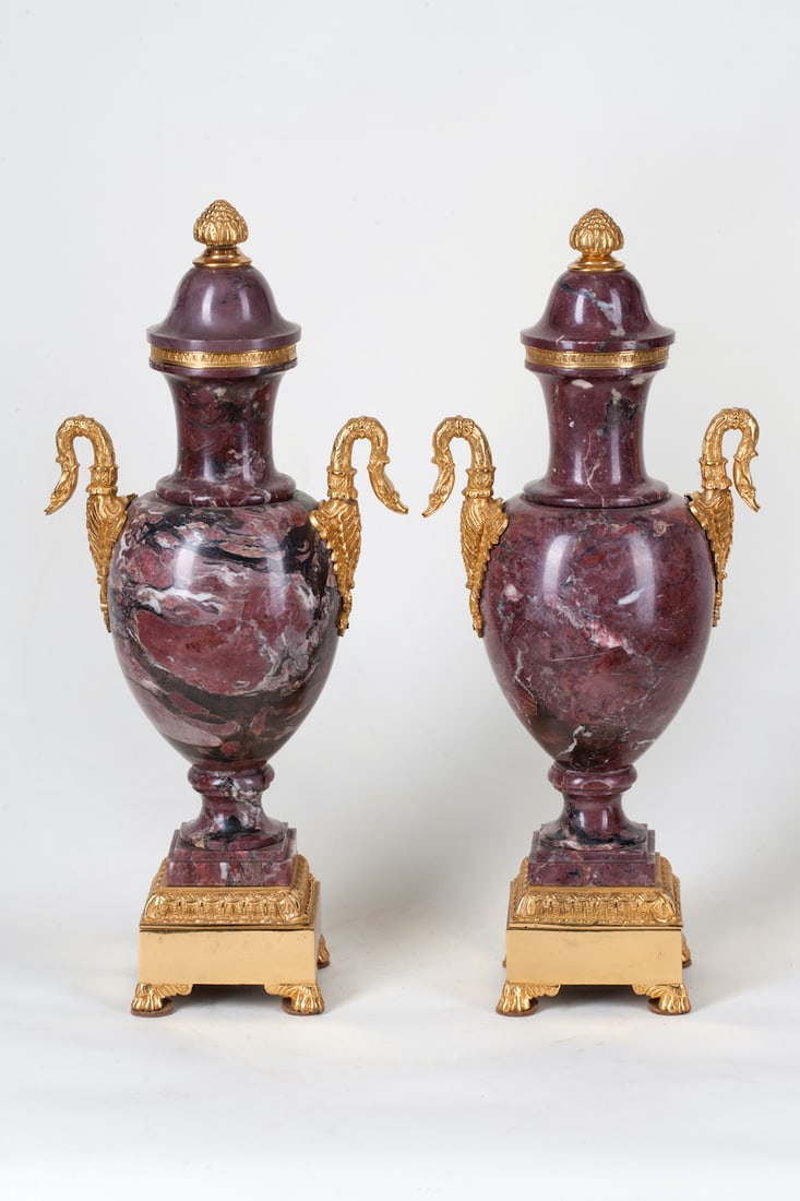 A pair of Vases, Empire: A pair of vases, Empire, 1st half of the 20th century. Stone and gilt bronze (casting, embossing, gilding), height 50 cm (19 2/3 inches), base dimensions 12 x 12 cm (4 3/4 x 4 3/4 inches).
