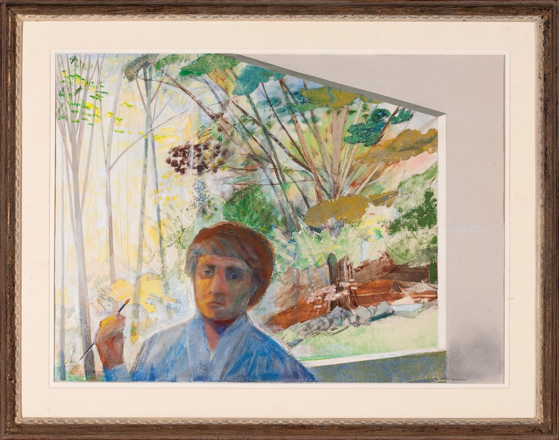 Haim Mendelson, 1923-2009 (Poland/USA): Haim Mendelson (1923-2009) Window view from the artists studio, mid 20th century Mixed media on cardboard, size 54 x 75 cm (21 1/4 x 29 1/2 inches) Signed lower right Haim Mendelson moved to United St