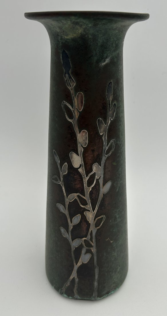 Antique Silvercrest bronze trumpet vase with silver overlay: Circa 1905, with a tapered form and splayed rim. Silver overlay is intact. Stands 10.5"