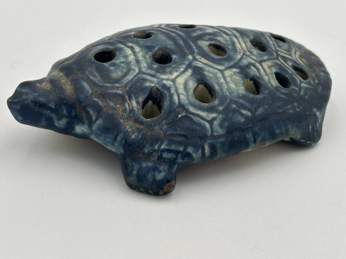 Antique Art and Crafts Peters and Reed turtle flower frog: A figural blue-glazed pottery flower frog, in the Arts and Crafts style, by Peters and Reed. Circa 1920.