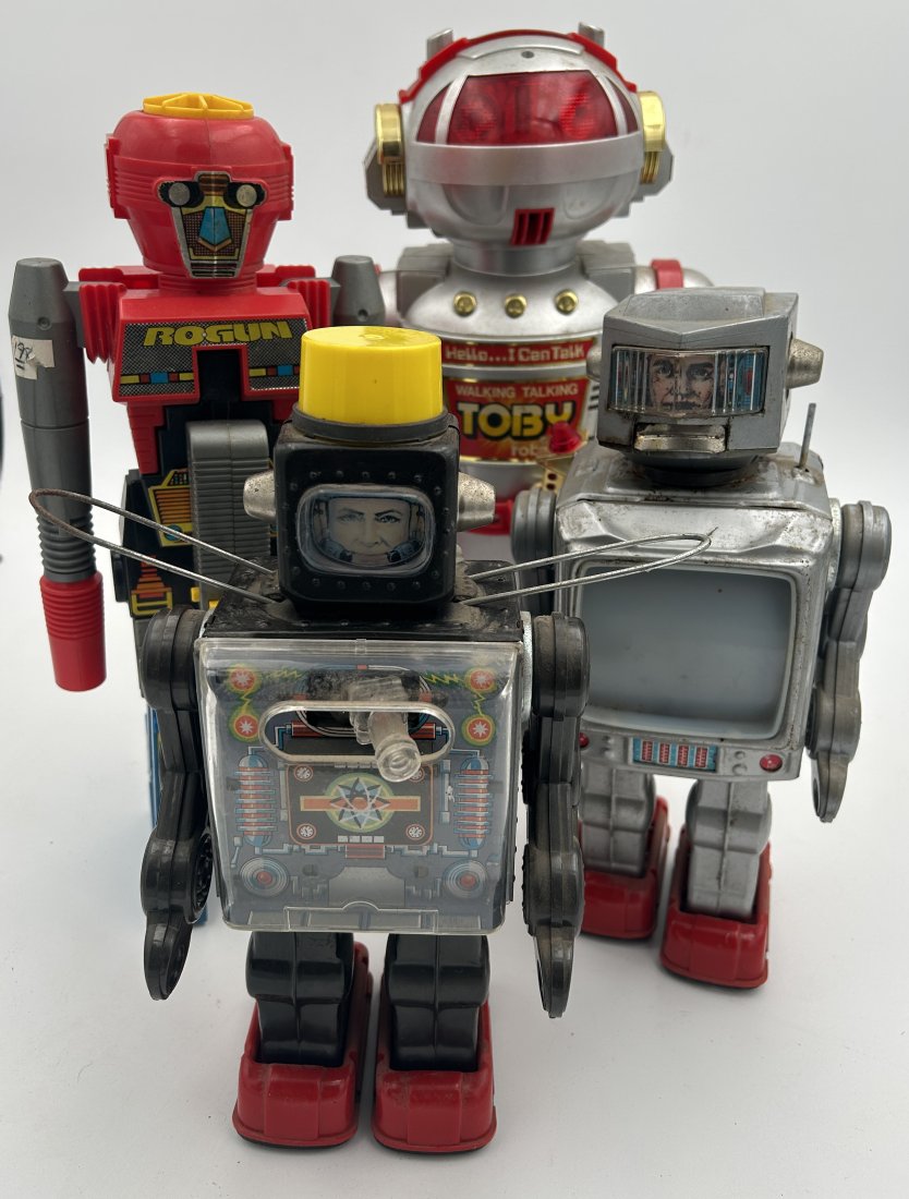 4 vintage battery operated Robots: 2 look to be from Horikawa, circa late 1960s/early 1970s. Also 1984 GOBOTS and vintage Tomy robots. Untested, but in overall good condition. Tallest is 15"