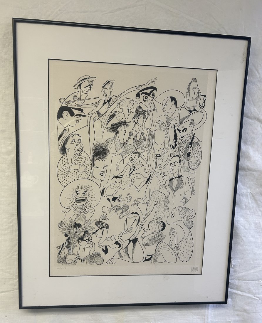 Al Hirschfeld 'Shubert Theatre' signed and numbered Lithograph: A wonderful composition, by world famous artist Al Hirschfeld, titled 'Shubert Theatre'. Features many known stars of the era, in his signature style. Measures 24.25" by 30".