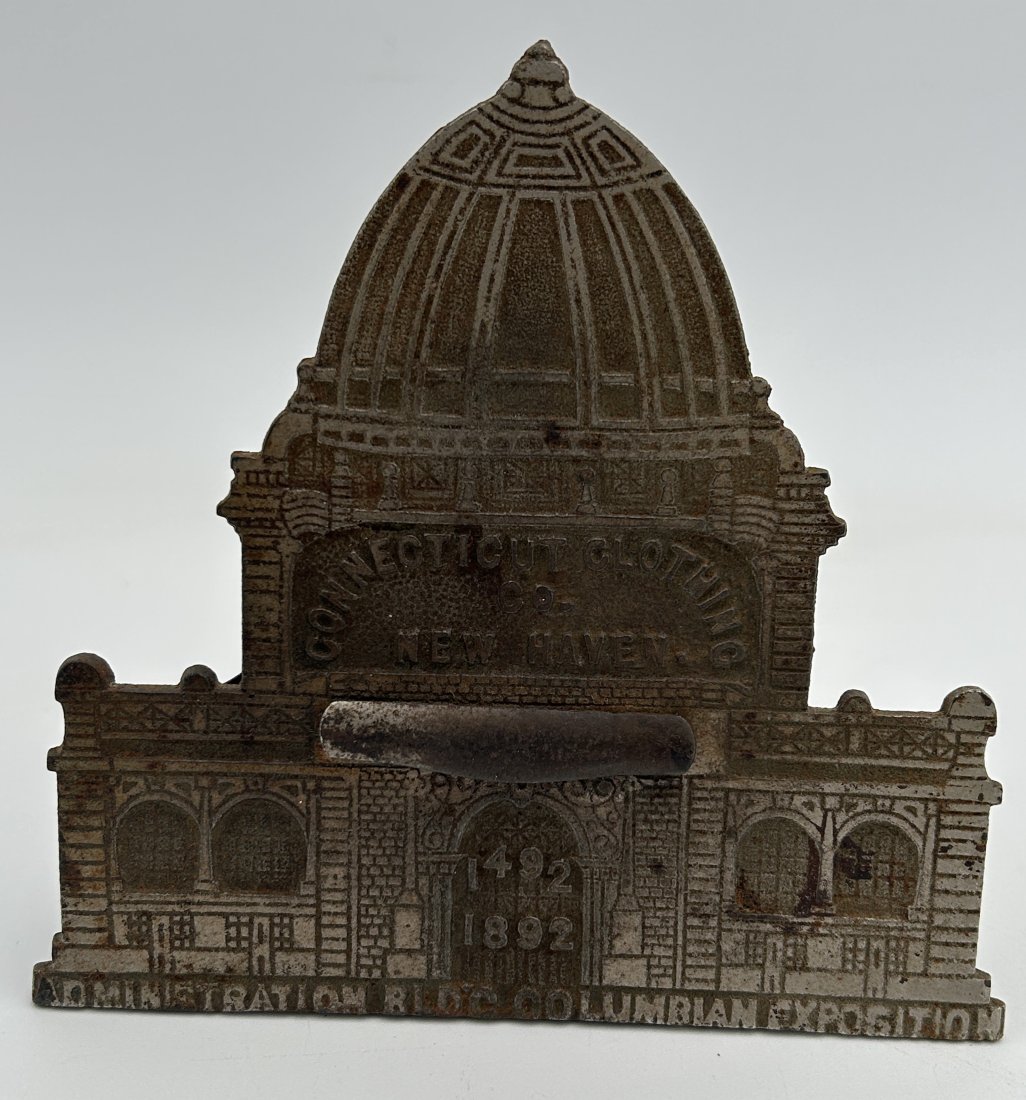 Antique 1893 Columbian Exposition 'HUB BUILDING' figural still bank with New Haven, CT Advertising: A RARE bank, only made for the 1893 Columbian Exposition in Chicago. it is a rendition of the 'Hub' building, and features unusual advertising for the 'Connecticut Clothing Co.' of New Haven, CT. Not 