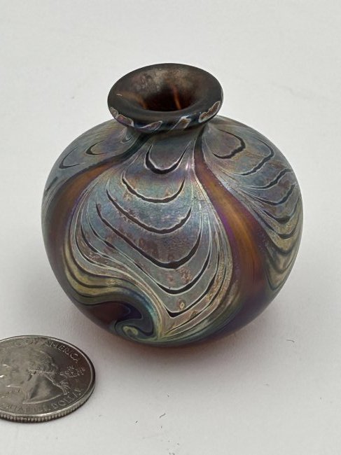 Antique Diminutive Art Glass Vase- Attributed to Loetz: Attributed to LOETZ, a rarely seen diminutive-scale vase, with bulbous body, defined rim and iridescent design. Stands 1.75" in height.