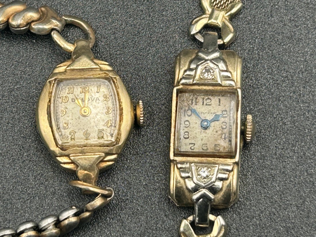 Vintage 1930s Waltham and Bulova Ladies 14K Gold Watches: Cases on both are 14K gold. Neither is currently in running order, so would need servicing [overwound]. The Art Deco Waltham has 2 clean diamonds.
