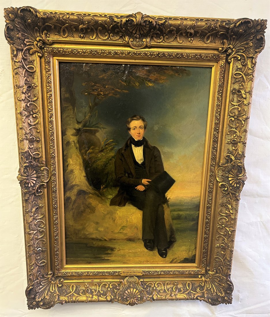 Antique T. Mackay Oil Painting- Seated Gentleman 'Byron at Harrow': A fine composition, in gilt period frame. Placard identifies the subject as famed British Romanticist poet [perhaps one of the highest regarded of the period] Lord Byron, when he was a student at Harr