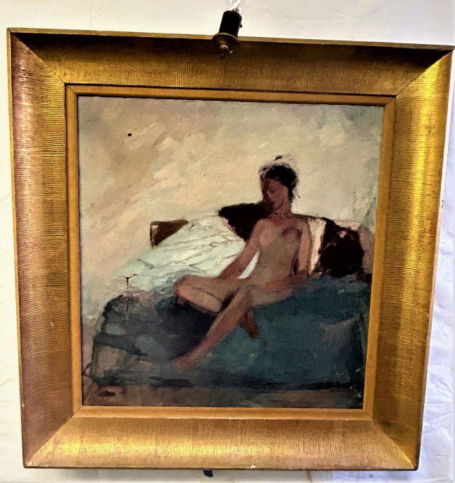 Vintage 1930s JEANNE DAOUR oil painting- Seated Nude Study: A fine composition, impressionistic in nature. Subject is a reclining nude woman on a bed. Gilt wood frame is deeply set, and impressive in person. By well listed artist Jeanne Daour.