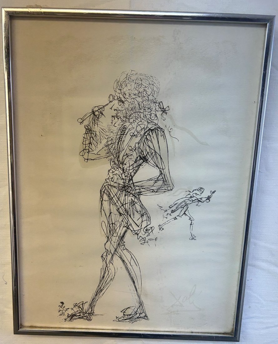 Plate Signed Salvador Dali Man with Opera Glasses: Some light soiling to edges of image, possibly slightly faded, but has age. Plate signed.