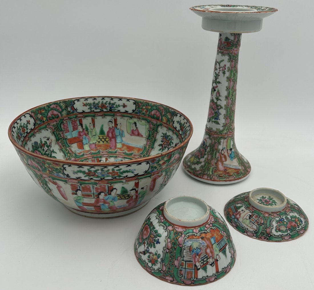 Antique ca. 1850 Chinese Export Rose Medallion Candlestick, Bowls and Saucer: Rare early Rose Medallion, made in China during the middle of the 19th century for the export market [circa 1850]. Highly desirable pattern, with several rare pieces in the grouping. Candlestick has b