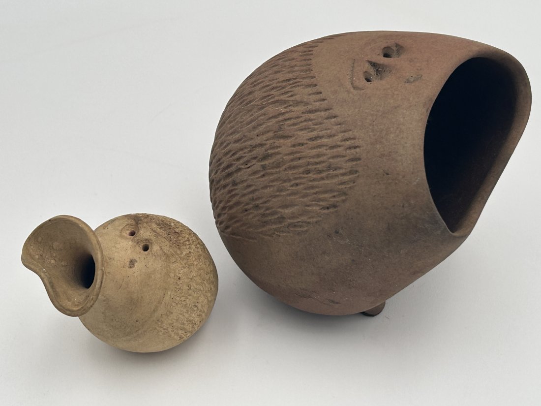 Vintage 1964 Robert Maxwell 'Beastie' Pottery Sculptures: Whimsical sculpts, signed by Robert Maxwell [larger is signed]. Mid Century Modern aesthetic, from an artist known for making quirky pottery.