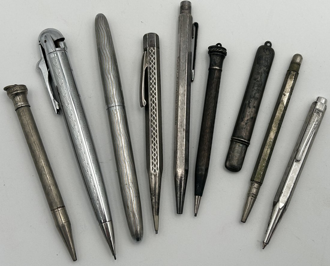 Grouping of 9 Vintage/Antique Pens and Pencils- Includes Ronson Pen LIghter: This lot includes 8 vintage to antique mechanical pens/pencils, several likely sterling silver. Included is a combination cigarette lighter/Pen, manufactured by Ronson in the 1920s. Also included is a